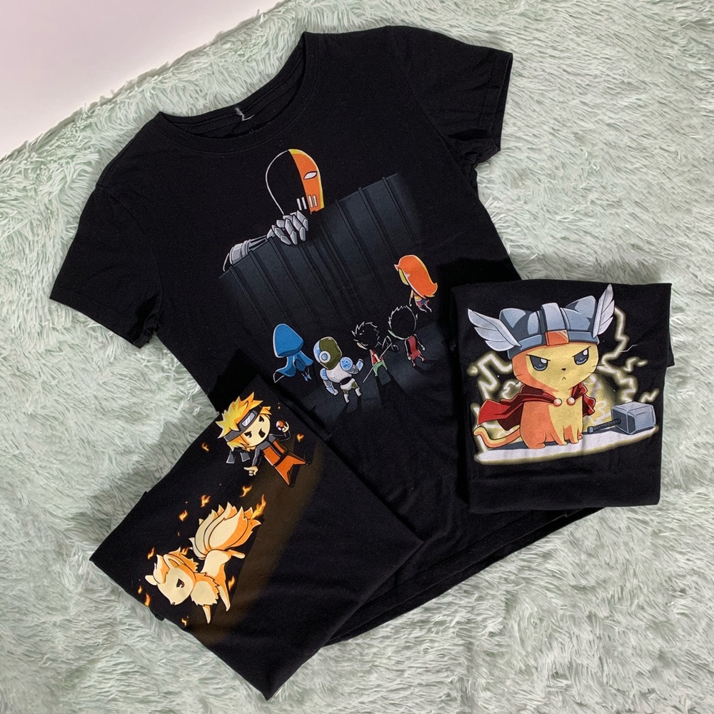 Tee turtle AOT naruto pikachu 3 black shirt bundle